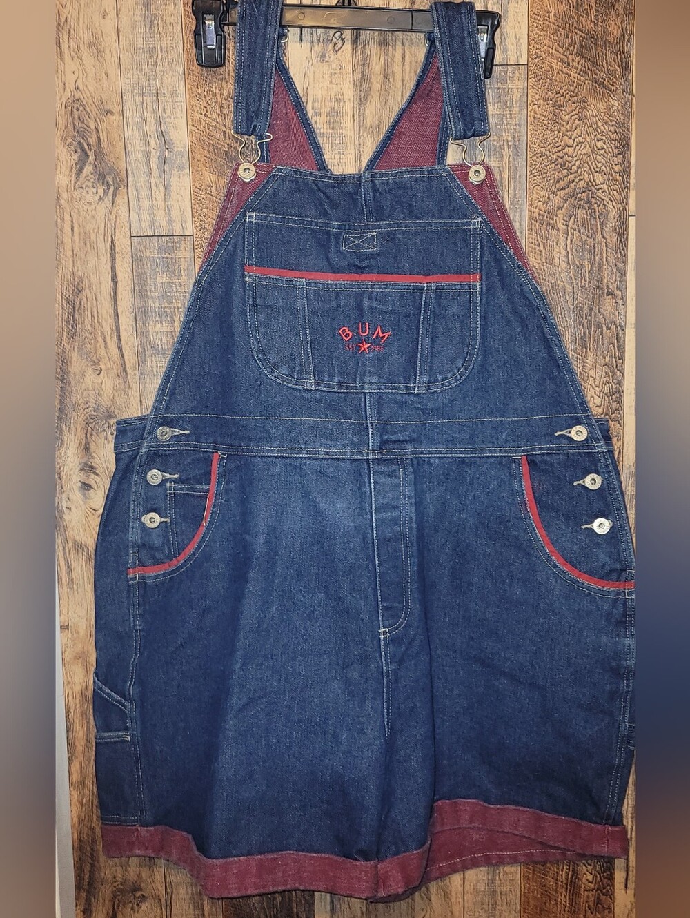 B.U.M. Blue Denim Short Overalls with Red Trim